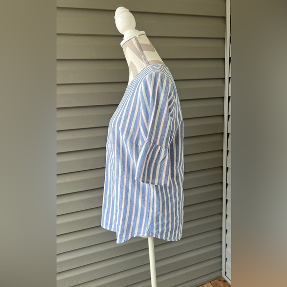 IZOD Linen Blend Striped Ruffle Sleeve Back Button Up Sz M - Picture 2 of 9